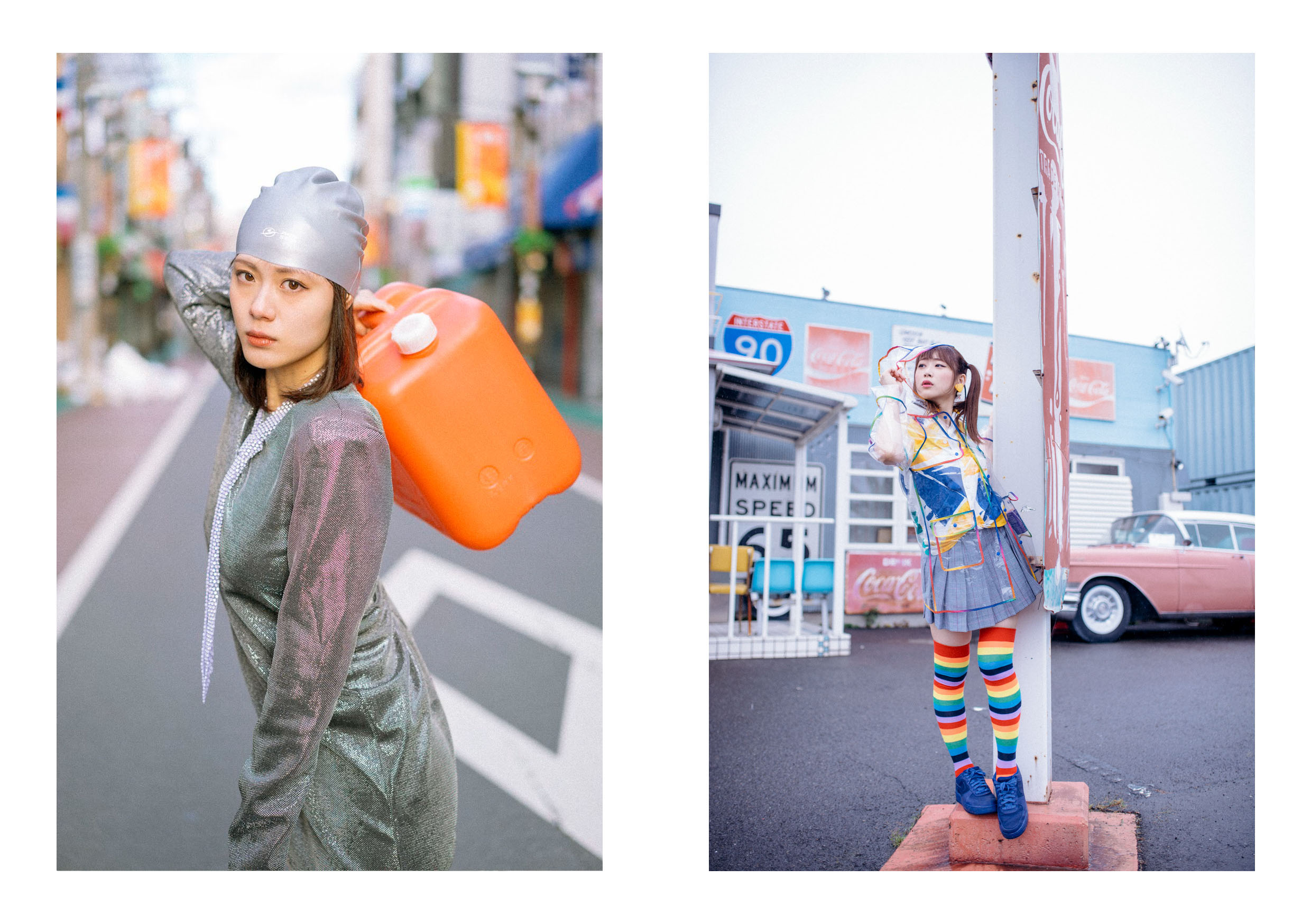 街を背景にしたファッションポートレート2点